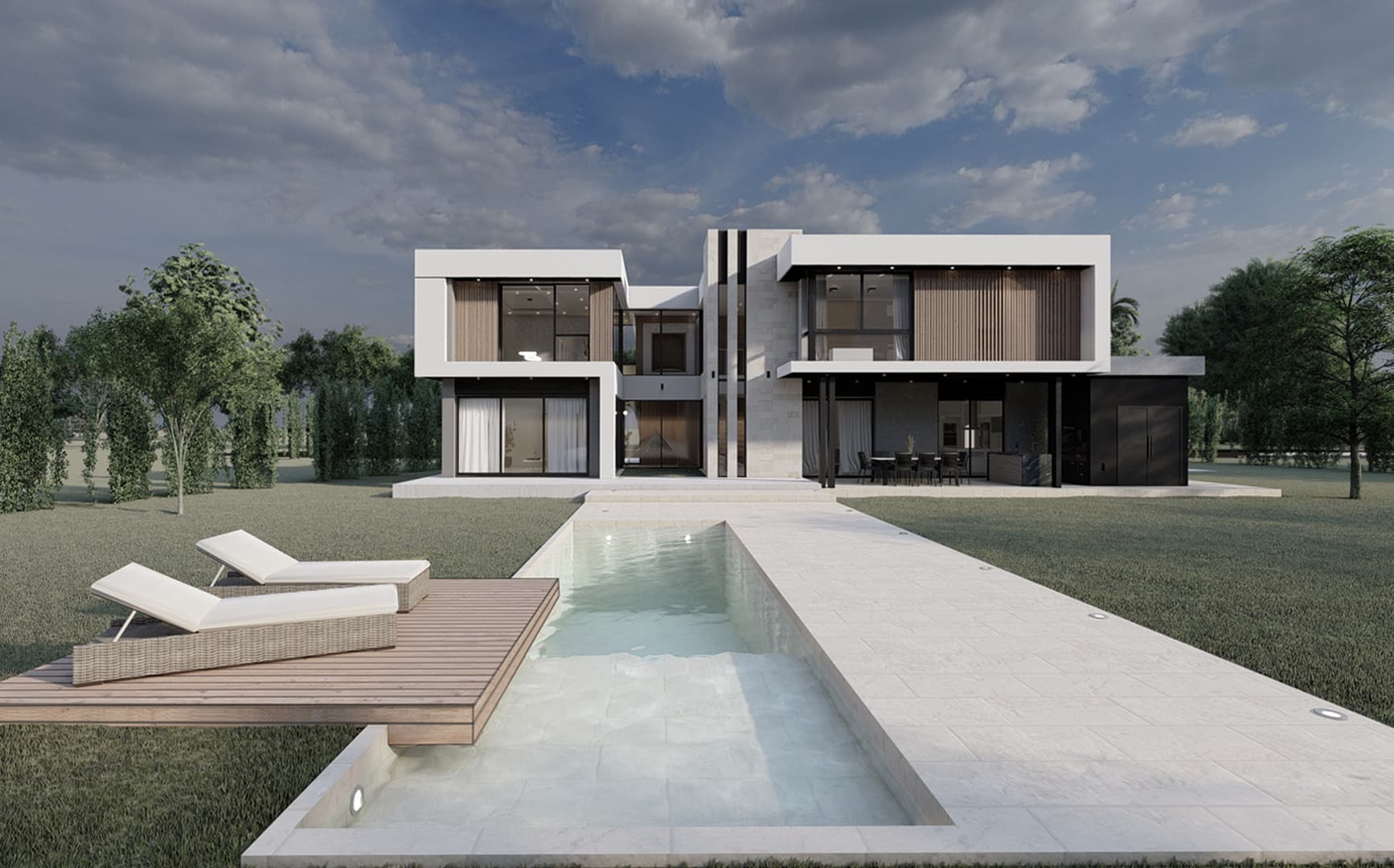 Residencia — área exterior y piscina